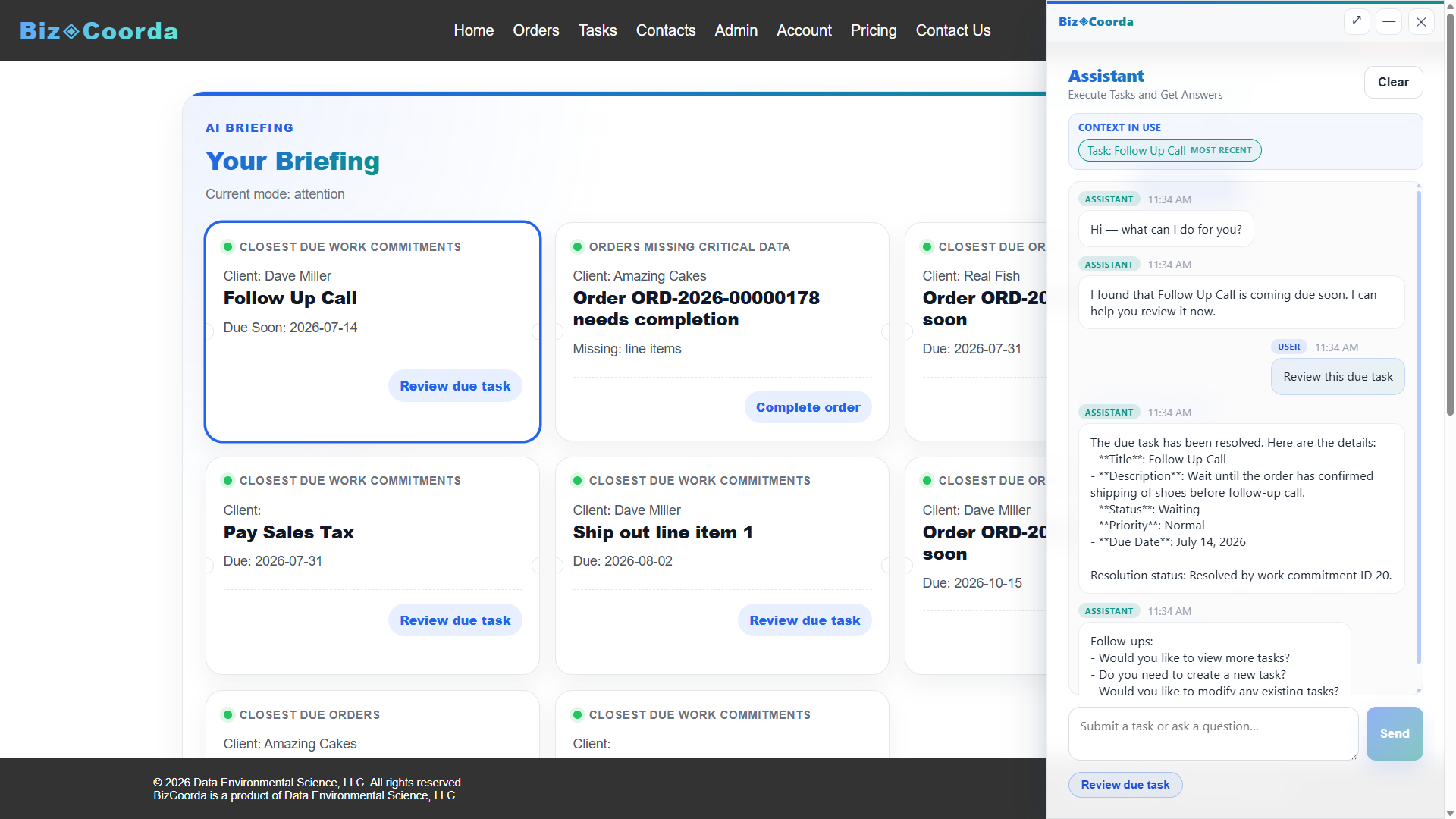 BizCoorda business operations dashboard showing orders, follow-ups, and work tracking.